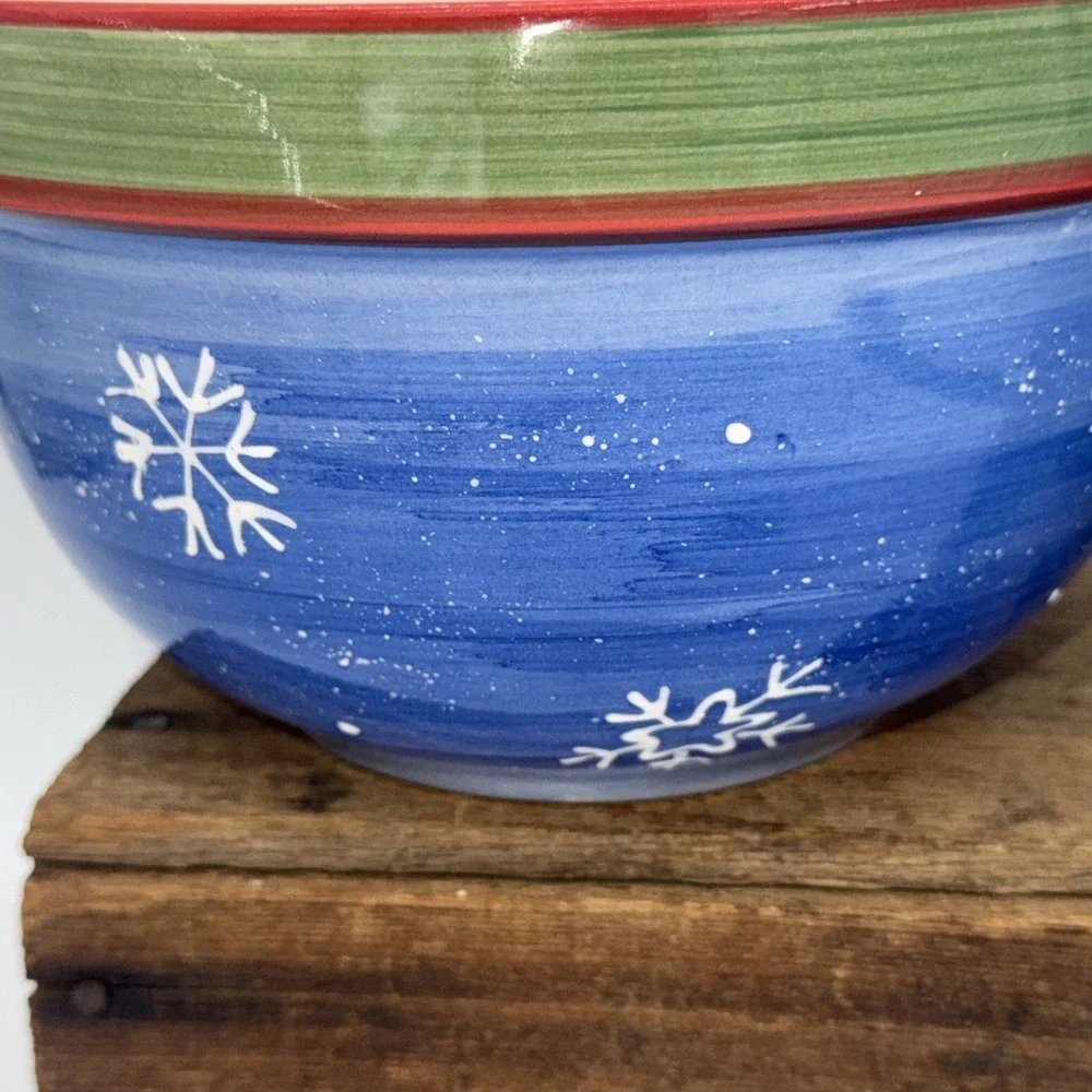 Mixing Serving Bowls Set of 2 Hand Painted‎ Christmas Tree Cardinal Stoneware